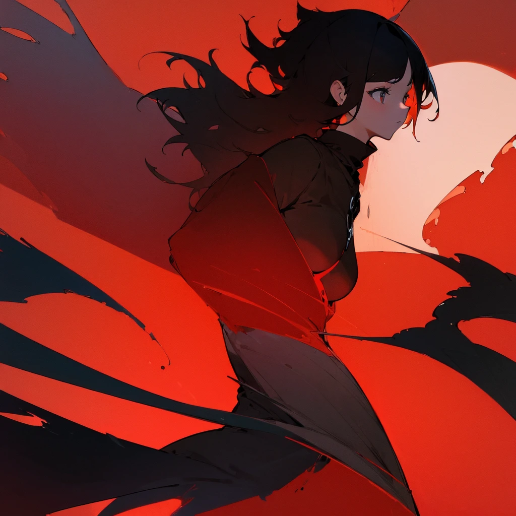 (64k:1.4), (outlines:1.4), (red background:1.4), (silhouette:1.6), masterpiece, best quality, 8k, (hd:1.4), 1 girl, beautiful eyes, black feathers, casual clothes, side body