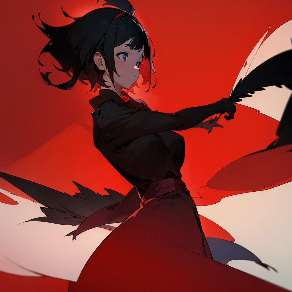 (64k:1.4), (outlines:1.4), (red background:1.4), (silhouette:1.6), masterpiece, best quality, 8k, (hd:1.4), 1 girl, beautiful eyes, black feathers, casual clothes, side body