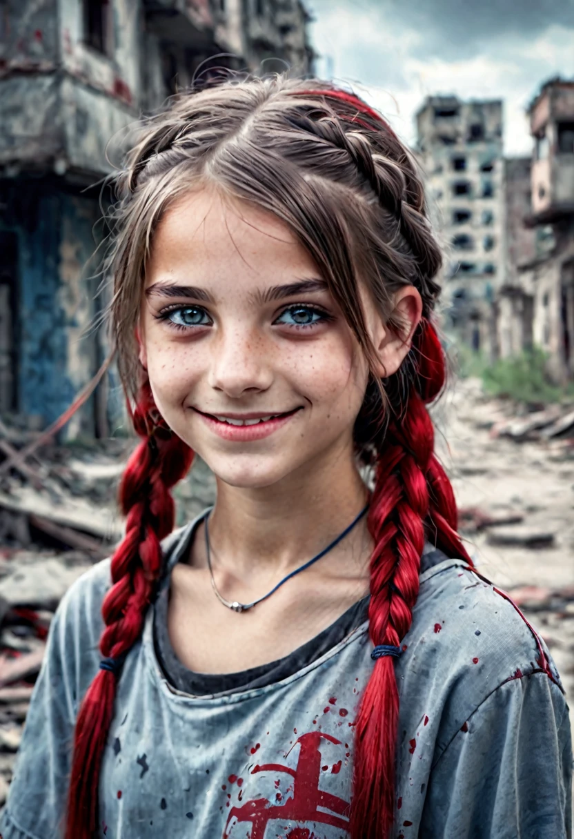, hideous smile, creepy, olhar malicioso, gray eyes, abandoned city background with bluish tone with red, drawning, dressing, intense stare, straight hair with a braid above the shoulder.