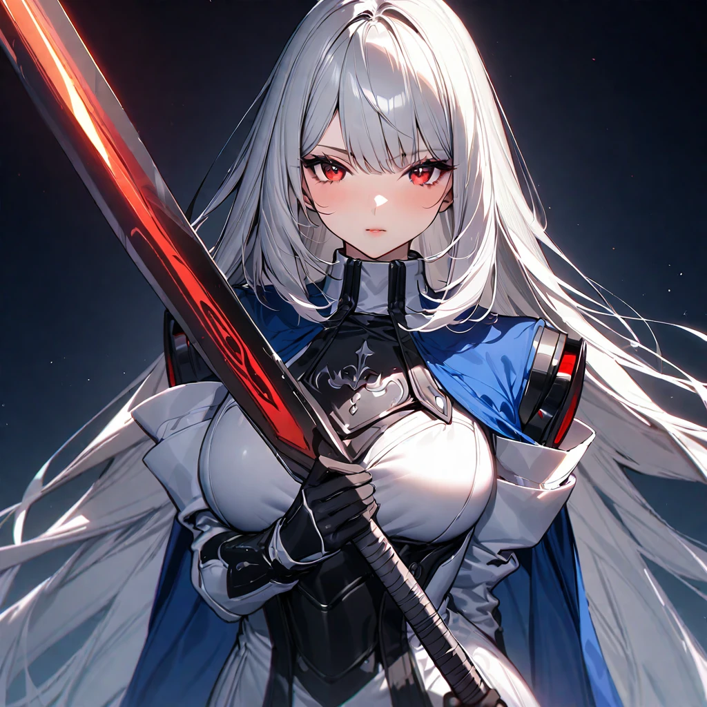 (masterpiece),(Highest quality),(Super detailed),(Best illustrations),(so beautiful), so beautiful長い脚,Silver Hair, Red eyes, Very long hair, positive（Female Wizard、White dress、Blue Cape、Roll-up skirt、The upper body is armored,  holding weapon, huge sword,