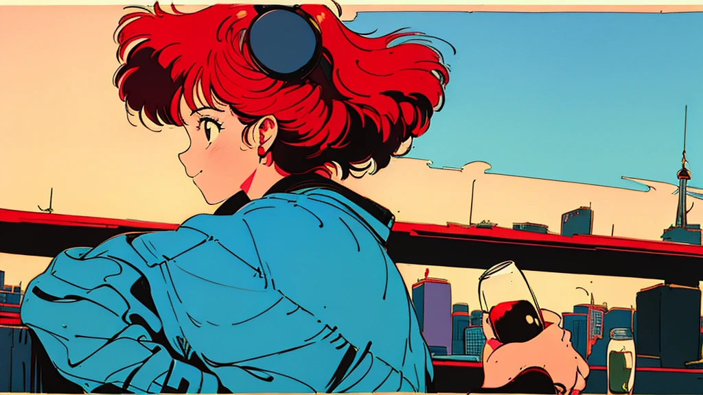 the 90s,City Pop,girl,Long Red Hair,profile,drink alcohol,Retro Pop,smile,nostalgic