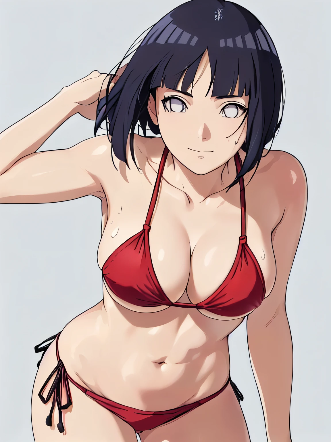 (hinata\(boruto\), (high quality:1.8), (anime, tall woman, (standing and leaning forward:1.4), cowboy shot, angle view, (sweat:1.4), ((red bikini only and wear nothing else, red bikini only and wear nothing else, almost naked, bare arms, bare arms, bare shoulders)), (long belly:1.2), (wide shoulders, off-shoulders, little biceps), smile), (big breasts:1.5) ,(tight cleavage), closed mouth), (posing for the viewer), ((pale skin, little biceps)), ((dark blue, short hair, hime cut، loose hair, floating hair, floating hair), (background: simple white background only), (background: simple white background only), (background: simple white background only), (background: simple white background only), (background: simple white background only)