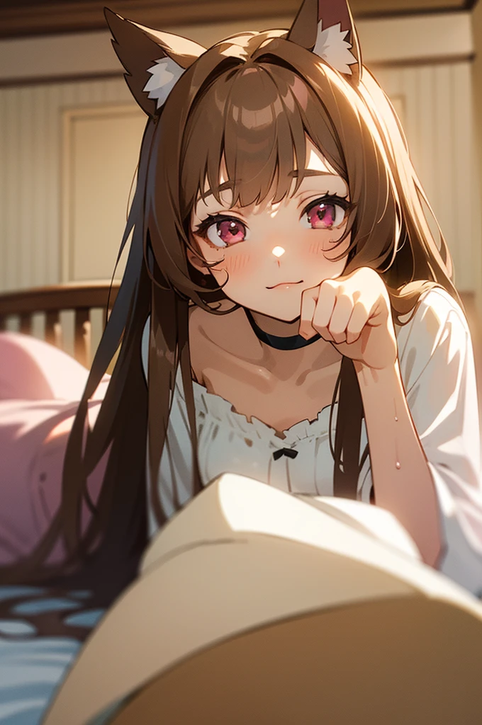 ((masterpiece)), ((detailed, high quality)), girl, cute face:1.2, soft brown hair, super straight hair, ((puppy ears down, floppy ears)), pink eyes, bedroom, close-up, cute pose, very long hair, fluffy bangs, ((dynamic pose)), brown nightgown, sexy, choker