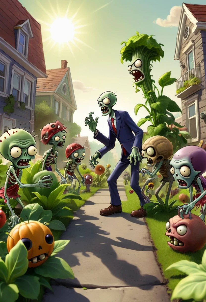 (game, "Plants vs. Zombies"), In the morning, in the garden under the sunshine, the zombies leisurely stroll around, surrounded by various strange anthropomorphic plants. The entire scene is full of mystery, full body, (Photography), panoramic view, award-winning, cinematic still, emotional, vignette, dynamic, vivid, (masterpiece, best quality, Professional, perfect composition, very aesthetic, absurdres, ultra-detailed, intricate details:1.3)