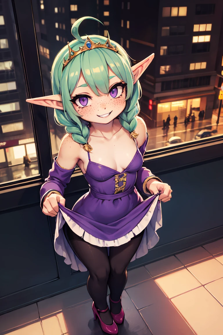 nsfw, R-18, 1boy, 1girl, sex, cowgirl sex, (masterpiece), best quality, 8k, Professional photography, highly detailed, (purple eyes), chiaroscuro, dynamic lighting, high Elf, (tan skin:1.3), pastel green hair, ((ahoge french braid:1.2)), small breast:1.3, small hips, big waist:1.2, (pink lips), eyeliner, (freckles), elf ears, (dress pull:1.6), from above,
BREAK,
diamond earrings, gold tiara, toothy smile,
BREAK,
Elven vintage style retro mini dress, sheer nude pantyhose, vintage heels, classic jewelry, pantyhose with retro patterns,
BREAK,
Modern downtown area high-rise buildings with rain-streaked windows, bustling crowd with raincoats and umbrellas, sleek, glass-covered bus stops, reflections of city lights in puddles, cyclists with waterproof gear, occasional commuter dashing for cover,
