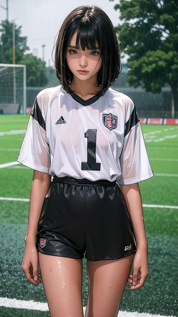 ((, Very slim)), rain, heavy rain, Black Hair, Bobcut, Football Stadium, (Soccer uniforms, White, Wet Hair, Wet Skin, Wet clothes)