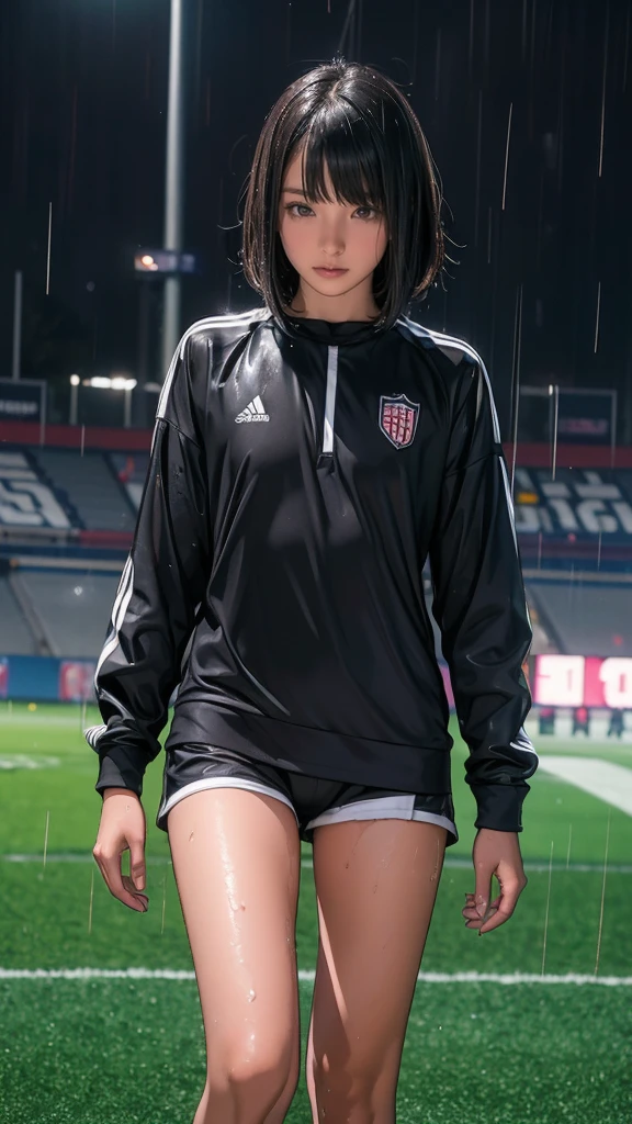 ((13-year-old girl, Very slim)), rain, heavy rain, Black Hair, Bobcut, Football Stadium, (Soccer uniforms, White, Wet Hair, Wet Skin, Wet clothes)