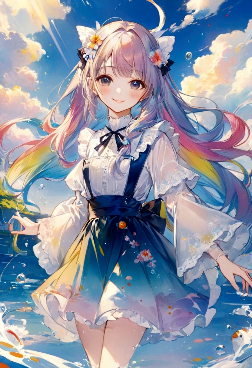 anime smiling girl with long hair and a dress standing in the water, anime style 4 k, anime art wallpaper 8 k, cute anime waifu in a nice dress, anime art wallpaper 4k, anime art wallpaper 4 k, beautiful anime art style, high quality anime artstyle, anime artstyle, beautiful anime artwork, beautiful anime art, splash art anime