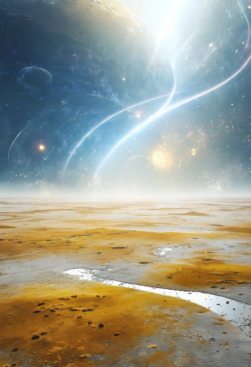 On the empty wasteland,Surrounded by many hazy golden particles floating in the air,Mysterious atmosphere,Hazy abstract future beauty