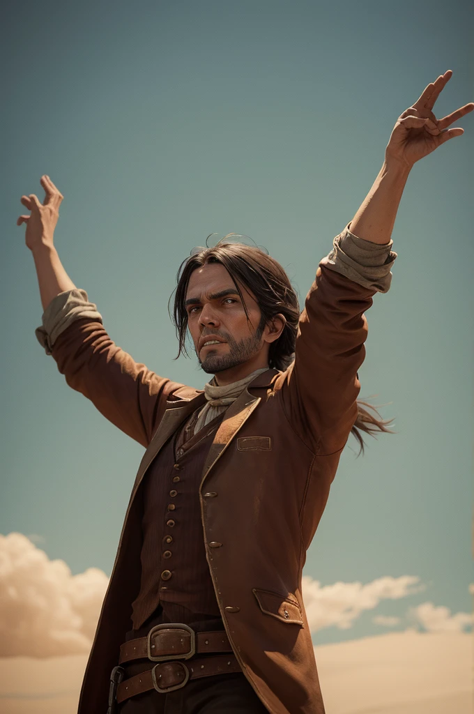 Red Dead character with arms raised to the right