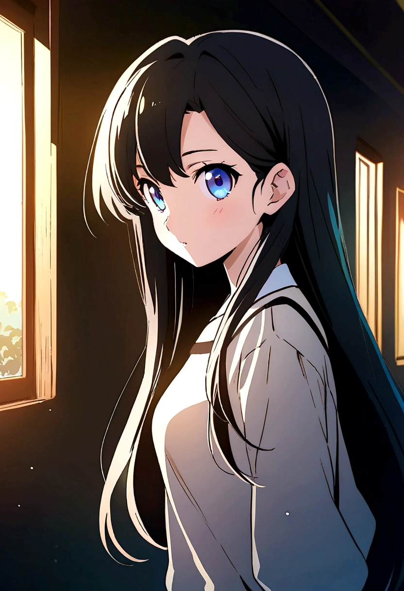 Anime Girl with long black hair and blue eyes in a white shirt, Anime cute art style, Cute girl anime visual, Best Girl in Anime, Animated visual of a young woman, Beautiful anime high school, (Anime Girl), Ilya Kuvshinov（Ilya Kuvshinov）Long hair, profile of Anime Girl, Light novel cover, young Anime Girl