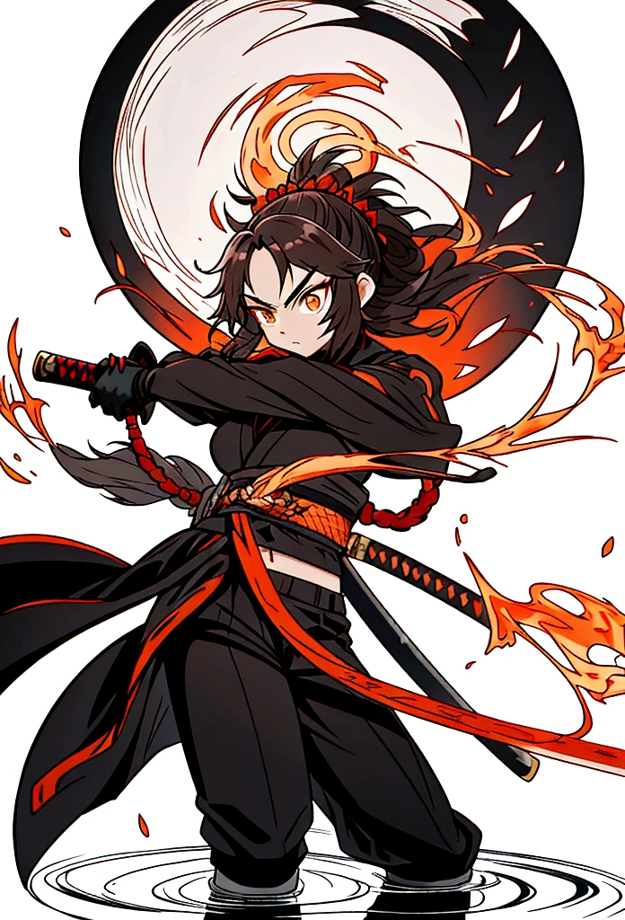 A warrior woman inspired by "Demon Slayer" wears a stylish and powerful Hashira uniform. She wears a black top that reveals her toned stomach, paired with fitted black pants. Black kimono has tips adorned with a gradient of flames, from yellow to orange. She has medium hair, loose and curled, emoldurando seu rosto. His dark brown eyes exude determination and wisdom.. She holds a katana tightly, and around you, there is an aura of dancing flames, reflecting its intense presence. The scenery is dramatic, with a full moon in the sky.
