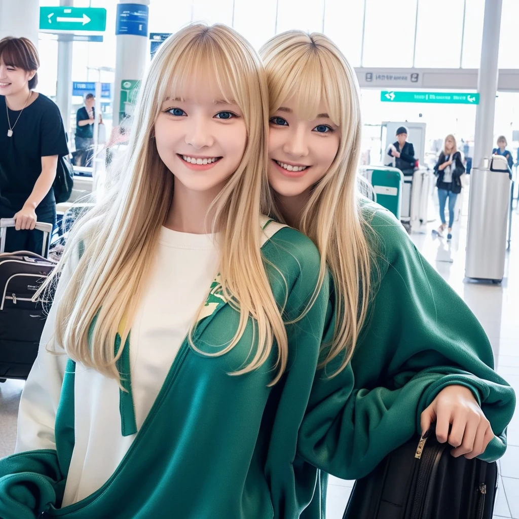 Pale blonde teenage girl with bangs and blue-green eyes soft silky hair, wearing a white sweatshirt and white pants taking a photo at the airport Alone and holding two suitcases and smiling for the photo
