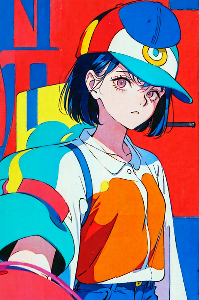 Woman in baseball cap,He is holding up a cigarette and smoking.。, Anime atmosphere of the 80s, 90s anime style, 90s anime style, 80s anime style, In 80s anime art style, 90s anime art style, Anime atmosphere, 80s anime art style, 1980's anime style,Neon Light