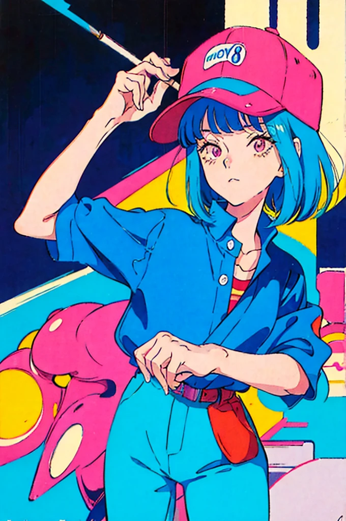 Woman in baseball cap,He is holding up a cigarette and smoking.。, Anime atmosphere of the 80s, 90s anime style, 90s anime style, 80s anime style, In 80s anime art style, 90s anime art style, Anime atmosphere, 80s anime art style, 1980's anime style,Neon Light