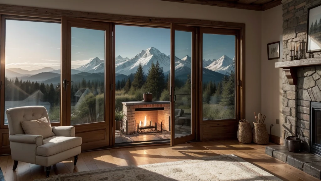 create the image of a room with a window with a landscape in the background, the room with a fireplace, candle and a cozy room with a perfect view of nature