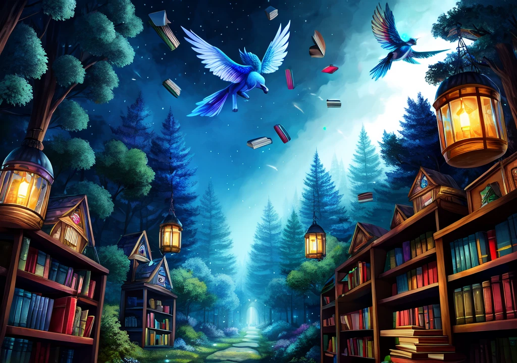 Fantasy forest in bluish tones, with many books flying, lights, writing pens floating and ink jars flying 