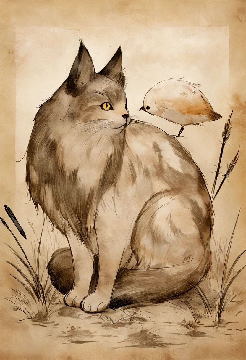 Drawing of a fox carrying a bird across a field, A sketch, on dark paper, a A painting of a cat, animal, muddy fur, A painting of a cat, tundra, Weathering Painting, Illustration of a cat, Edwin Landseer (Edwin Landseer) of inspiration, Style Bev Doolittle, Pen drawing, Draw with photoshop