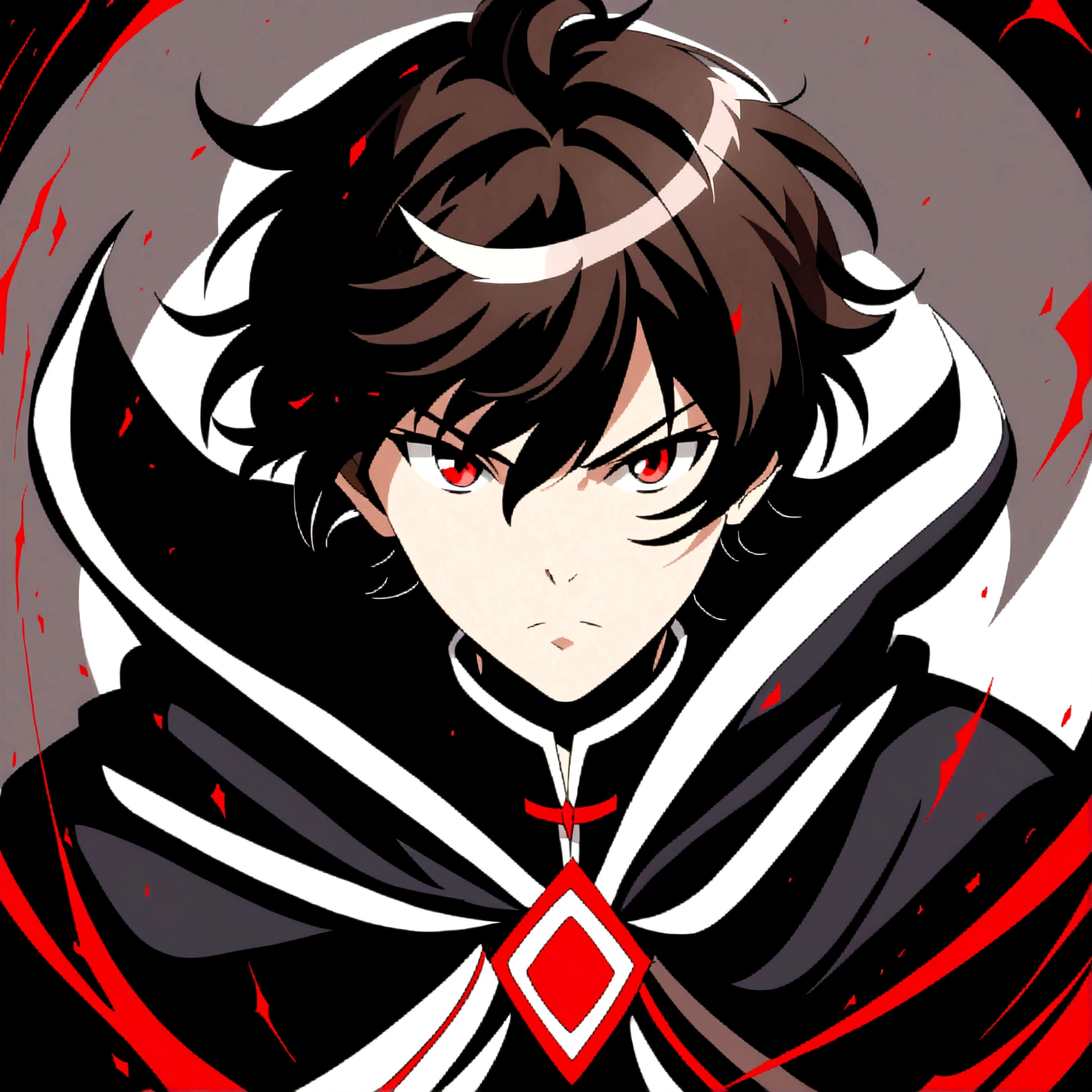 anime style diffusion, upper body, (face to the side 0.3), boy with messy brown hair bright red eyes, (open eyes 0.5), (serious face 0.1), black majestc cloak with red details, upper light, high contrast , 2D style, photoshop, cinematic
