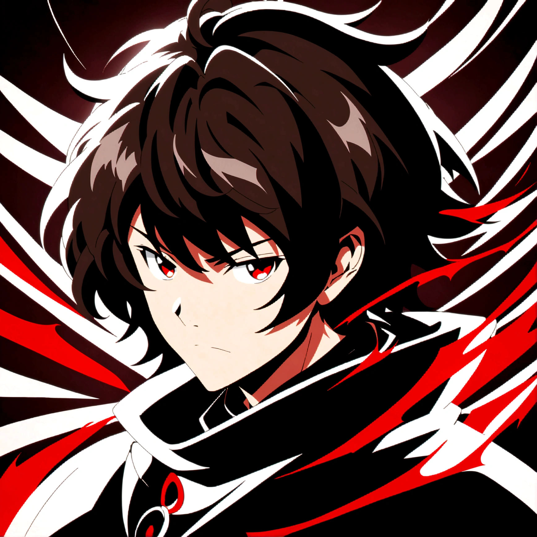 anime style diffusion, upper body, (face to the side 0.3), boy with messy brown hair bright red eyes, (open eyes 0.5), (serious face 0.1), black majestc cloak with red details, upper light, high contrast , 2D style, photoshop, cinematic
