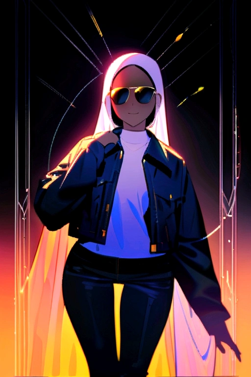 （masterpiece), A Muslim girl, wearing a hijab, Jeans jacket and sunglasses, Dark backgrounds with perfect lighting are made by experts, delicately detailed eyes, A delicate and delicate smile, milkyW, Perosant, holograph,  deep dark background