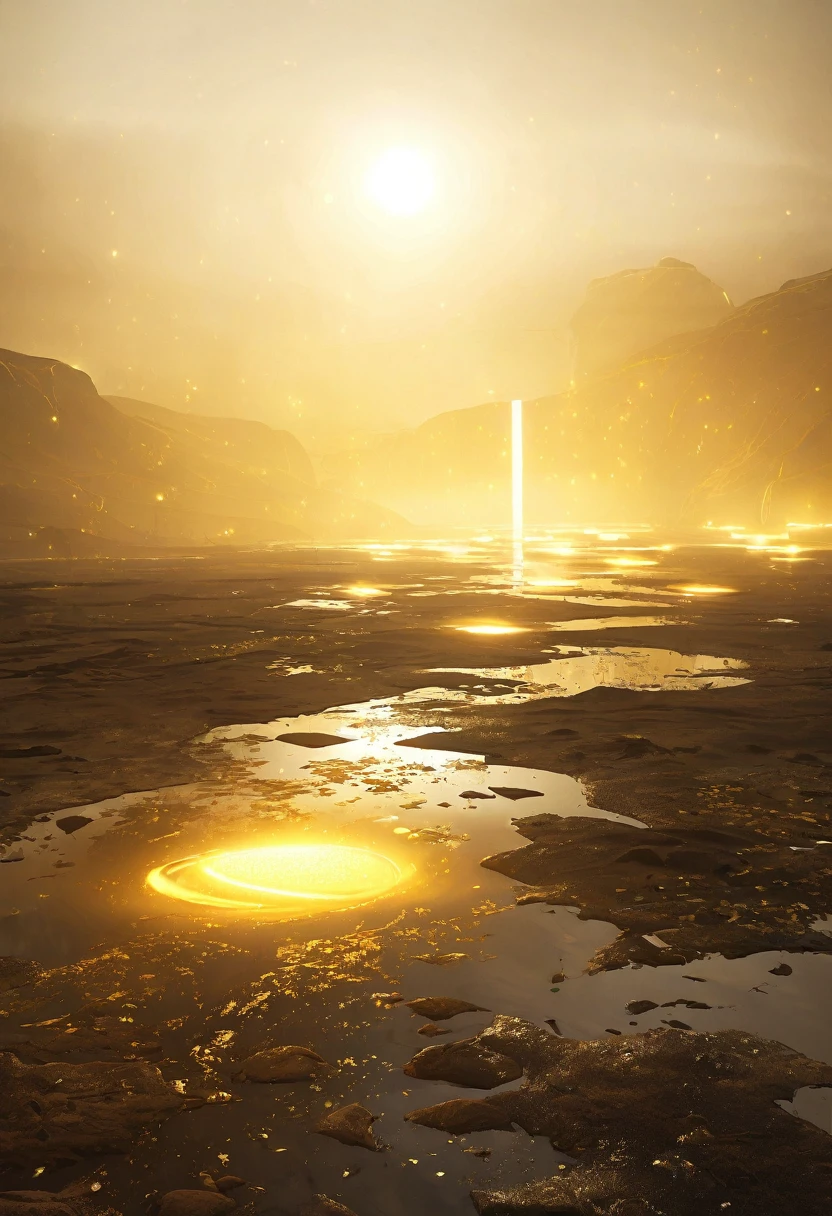 Countless golden lights are floating in the wasteland,Hazy mysterious atmosphere