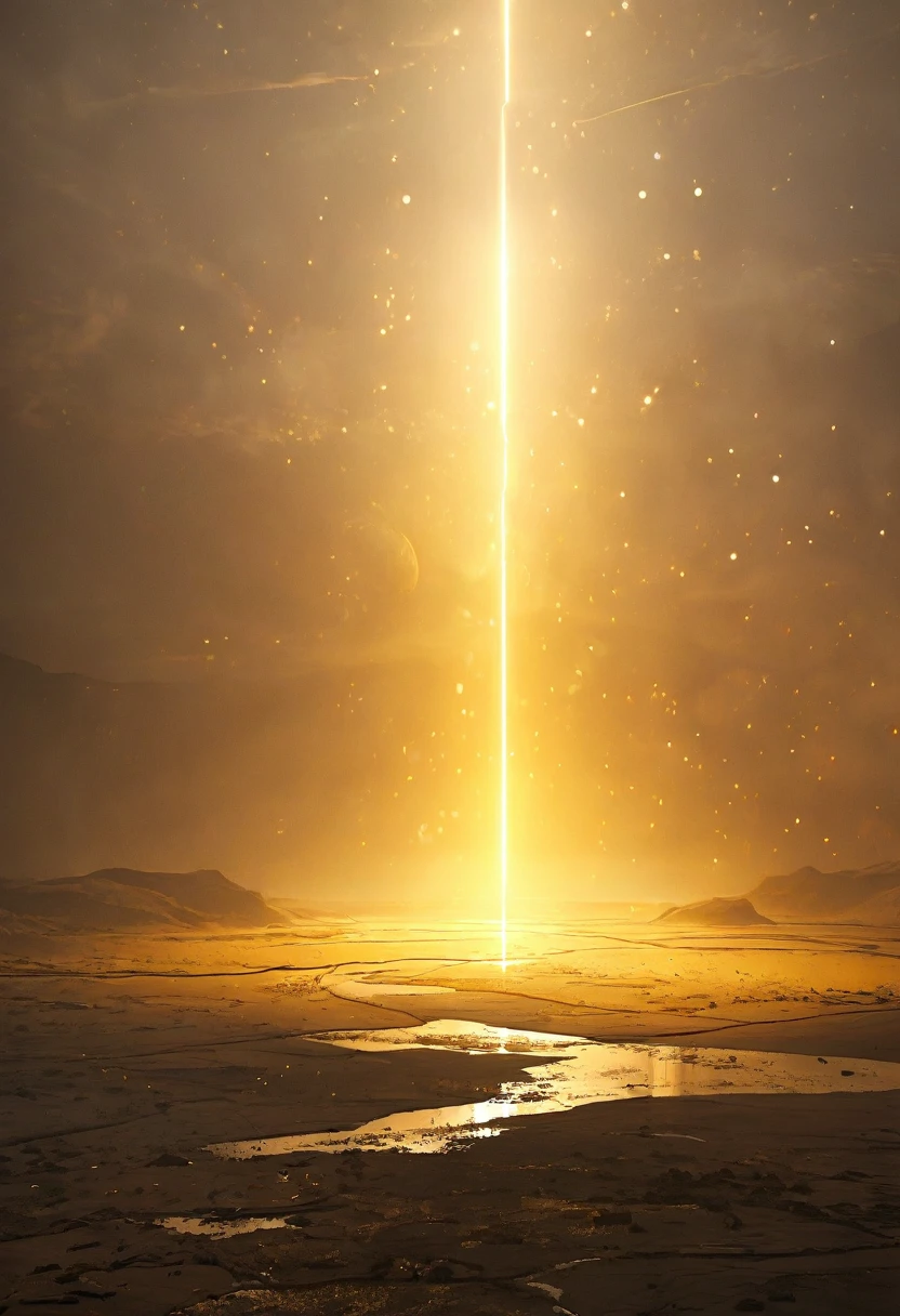 Countless golden lights are floating in the wasteland,Hazy mysterious atmosphere