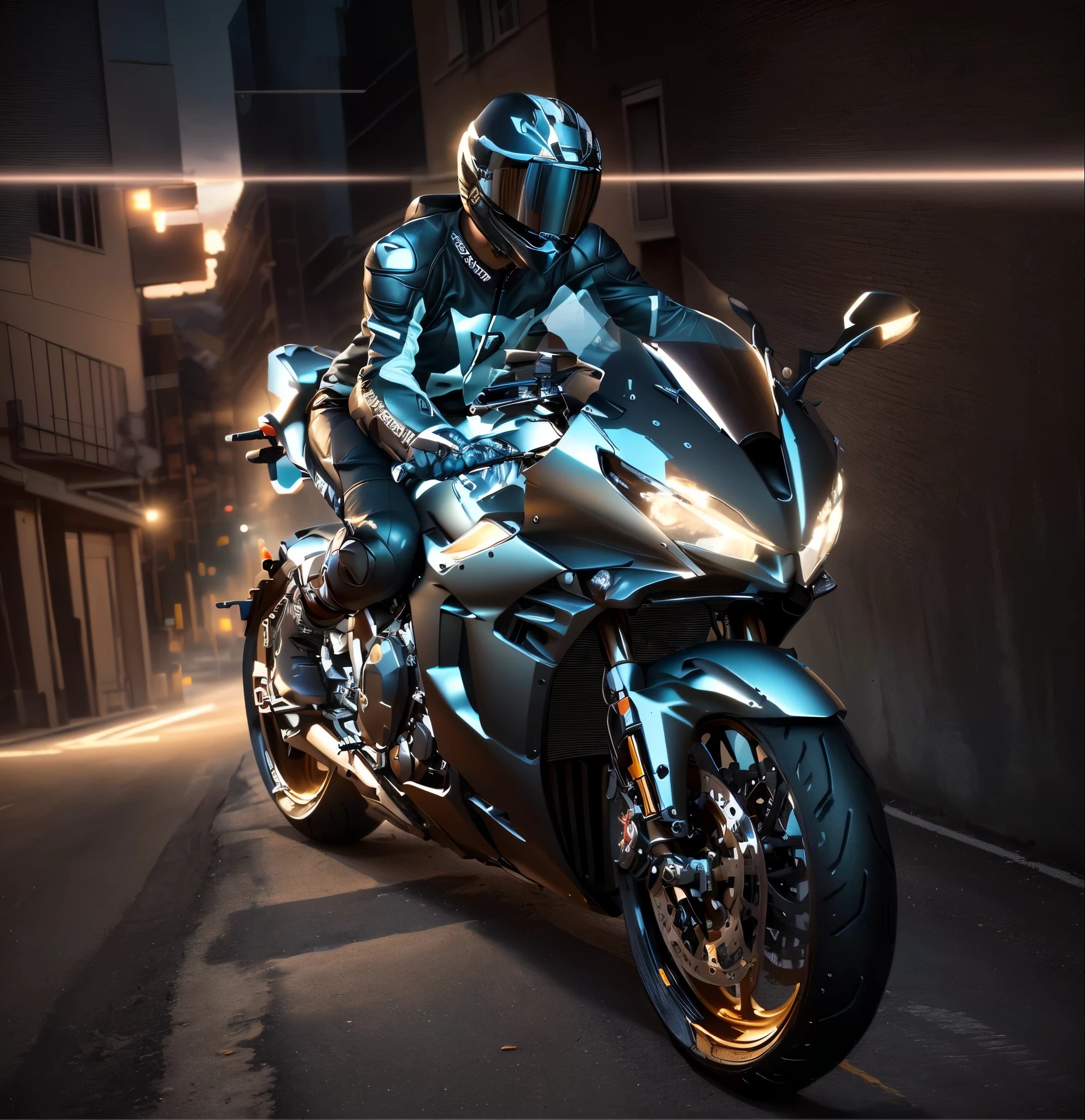arafed man in a black leather jacket riding a motorcycle, r6, Portraits, motorcycle, riding a futuristic motorcycle, 坐在赛博朋克motorcycle上, motorcycle, yoshimura exhaust, Photo of a male cyclist, motorcycles, victory, with unreal engine, Environmental photography, author:John Lagata, photo, chrome motorcycle parts, riding a motorcycle