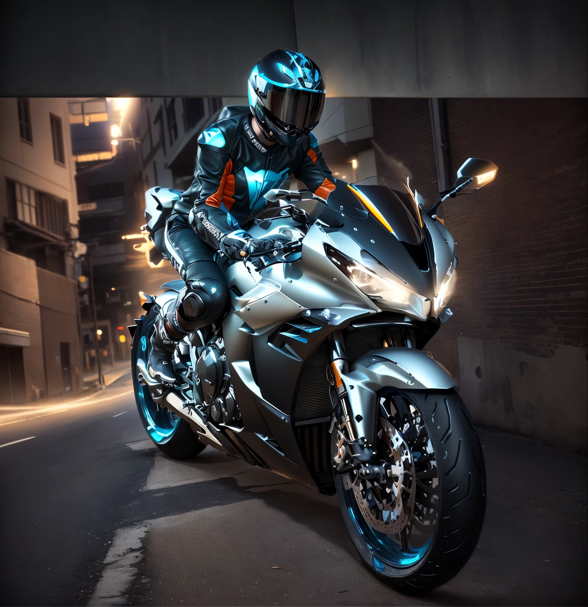 arafed man in a black leather jacket riding a motorcycle, r6, Portraits, motorcycle, riding a futuristic motorcycle, 坐在赛博朋克motorcycle上, motorcycle, yoshimura exhaust, Photo of a male cyclist, motorcycles, victory, with unreal engine, Environmental photography, author:John Lagata, photo, chrome motorcycle parts, riding a motorcycle