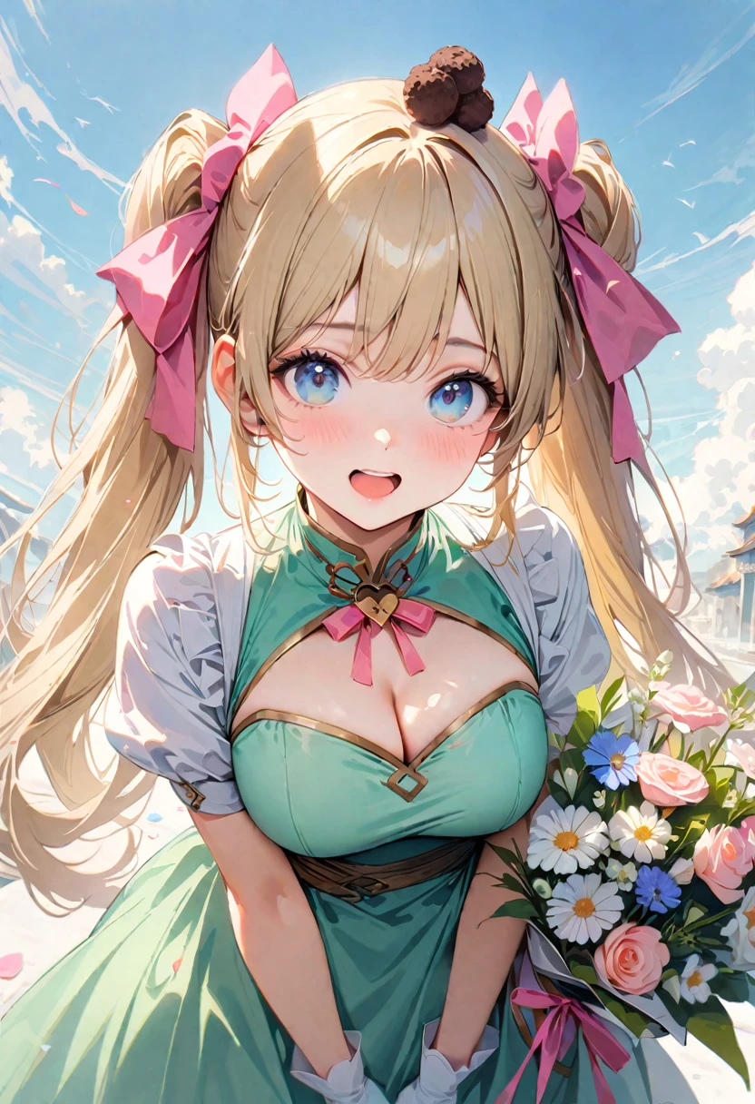 30 years old,1 mature woman,hyperrealistic, 8k, (extremely detailed 8k), (very delicate and beautiful), (masterpiece), (better quality:1.0), (ultra high resolution:1.0), (masterpiece, best quality), cute,blonde,cleavage cutout,(broen dress:1.3),gleaming skin,twintails,twin bun,a pink ribbon on the head,long hair,pastel green chinese maid dress,pastel green chinese dress,white long gloves,hold a bouquet of flowers,face and body straight at the camera,a bunch of flowers,POV,bust shot,white frill,puffy sleeves,laugh with open mouth,tareme,sky blue eyes,short truffle half apron,a gold buckle around someones neck,white corset