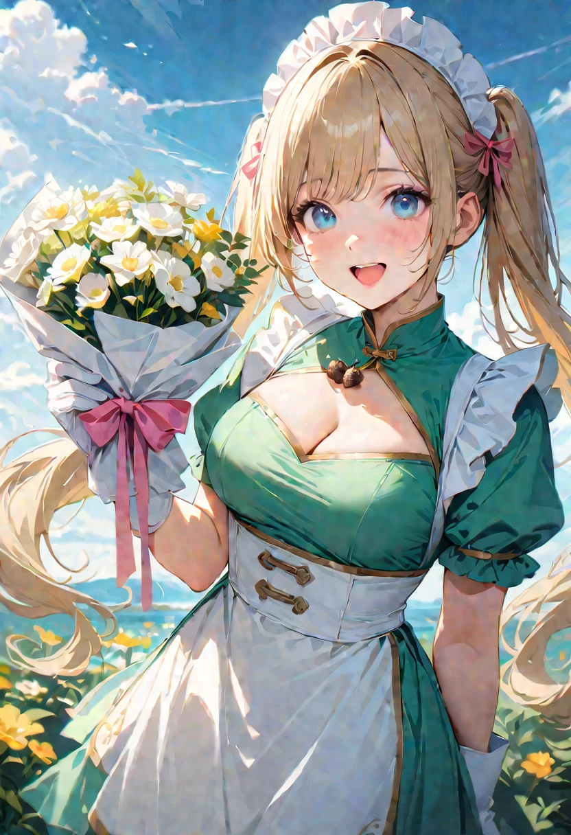 30 years old,1 mature woman,hyperrealistic, 8k, (extremely detailed 8k), (very delicate and beautiful), (masterpiece), (better quality:1.0), (ultra high resolution:1.0), (masterpiece, best quality), cute,blonde,cleavage cutout,(broen dress:1.3),gleaming skin,twintails,twin bun,a pink ribbon on the head,long hair,pastel green chinese maid dress,pastel green chinese dress,white long gloves,hold a bouquet of flowers,face and body straight at the camera,a bunch of flowers,POV,bust shot,white frill,puffy sleeves,laugh with open mouth,tareme,sky blue eyes,short truffle half apron,a gold buckle around someones neck,white corset