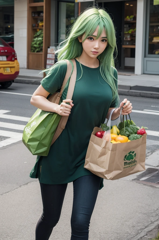 green hair carrying bags of produce and a bag of food,