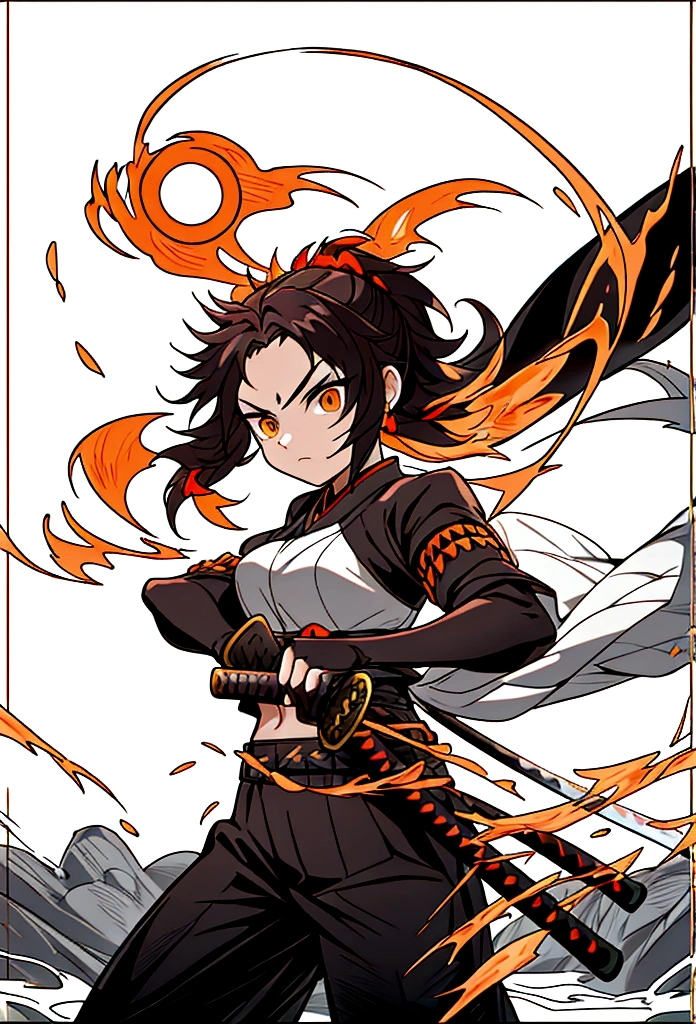 A warrior woman inspired by "Demon Slayer" wears a stylish and powerful Hashira uniform. She wears a black top that reveals her toned stomach, paired with fitted black pants. Black kimono has tips adorned with a gradient of flames, from yellow to orange. She has medium hair, loose and curled, emoldurando seu rosto. His dark brown eyes exude determination and wisdom.. She holds a katana tightly, and around you, there is an aura of dancing flames, reflecting its intense presence. The scenery is dramatic, with a full moon in the sky.
