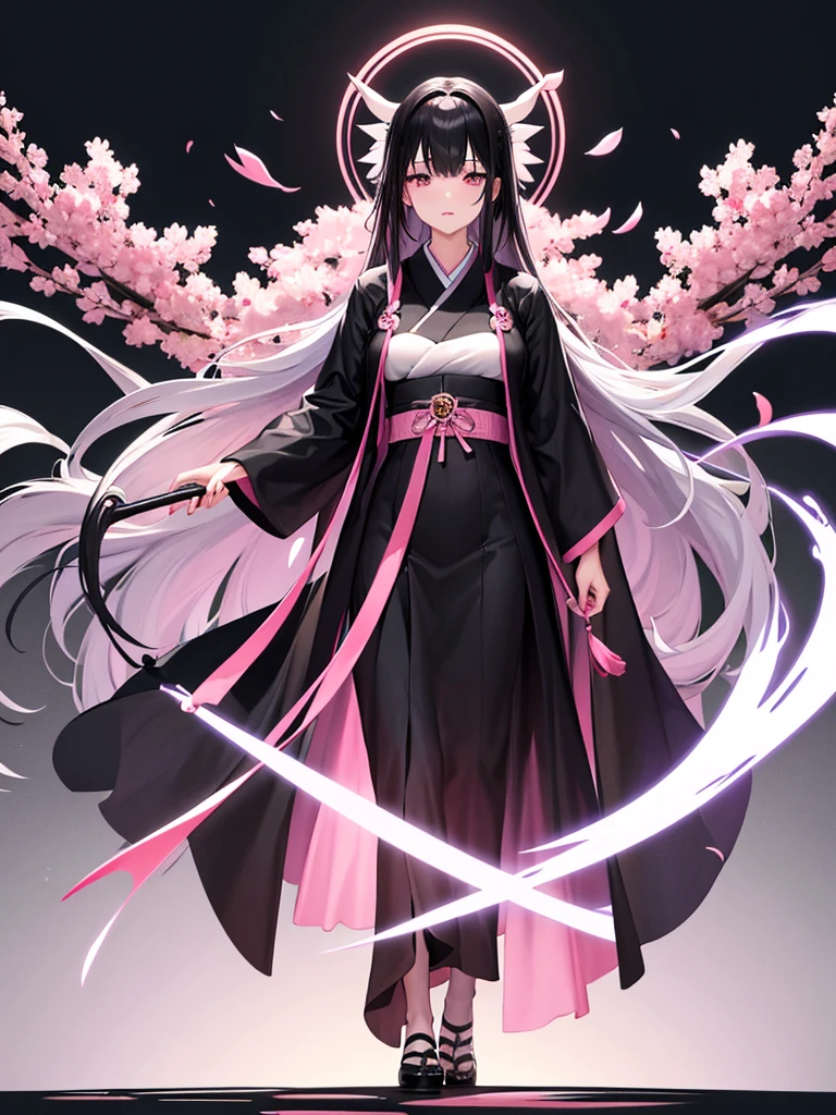 best quality, character design sheet, adult woman、No hat on, Black and pink hair, whole body, Head to Toe, Fortuneteller、Standing facing forward, Beautiful black dress, long Black Hair, Pure white background, from front, best quality, Cherry blossom pattern、Japanese、Adult Japanese、Clear eyes、Standing facing forward、The face is facing forward、holding a magic card in hand、White background、Black western dress、Neutral face、Black hair with pink inner color