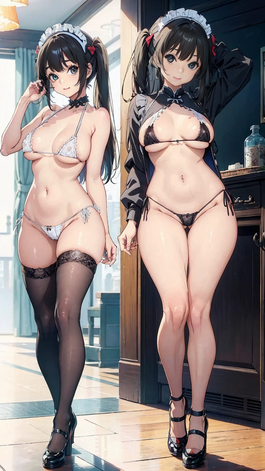 Masterpiece、Highest quality、Highest quality, (long and thin legs, shoes:1.2), squat、Spread your legs、1 girl, (smile、Open your mouth大笑い:1.2), Cute eyes, (Detailed face:1.3)、Open your mouth, The whole face turns red, Oversized breasts, Big and ample breasts, (Straight bangs, Twin tails), White maid outfit、(Bust is micro bikini:1.2)、Side bust、Underbust、belly button、Walking through the mansion'corridor、nsfw、shoes下