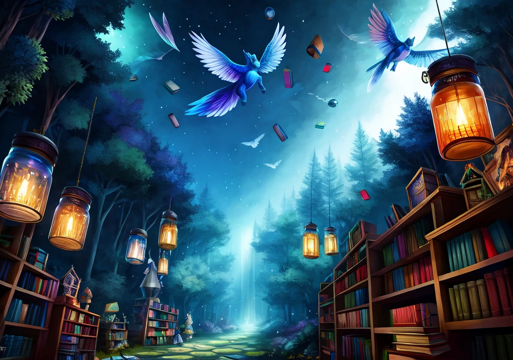 Fantasy forest in bluish tones, with many books flying, lights, floating pencils and flying ink jars 