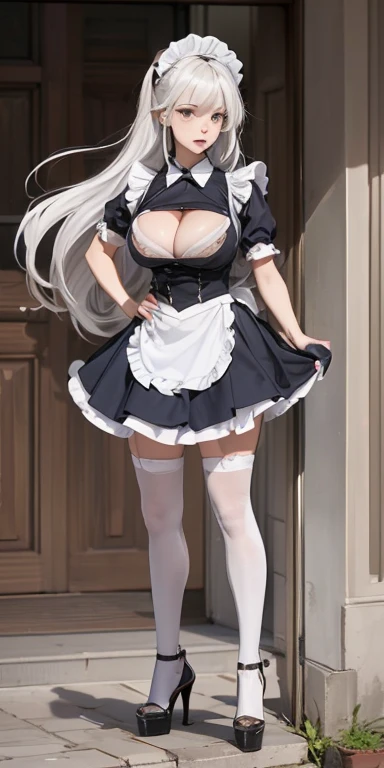 (((Full and soft breasts,)))(((Huge breasts))) (((Cleavage))) (Perfect curvy figure), woman, permanent, Direct, long_hair, messy_hair, White_hair, Maid in Armor, Metal high heels