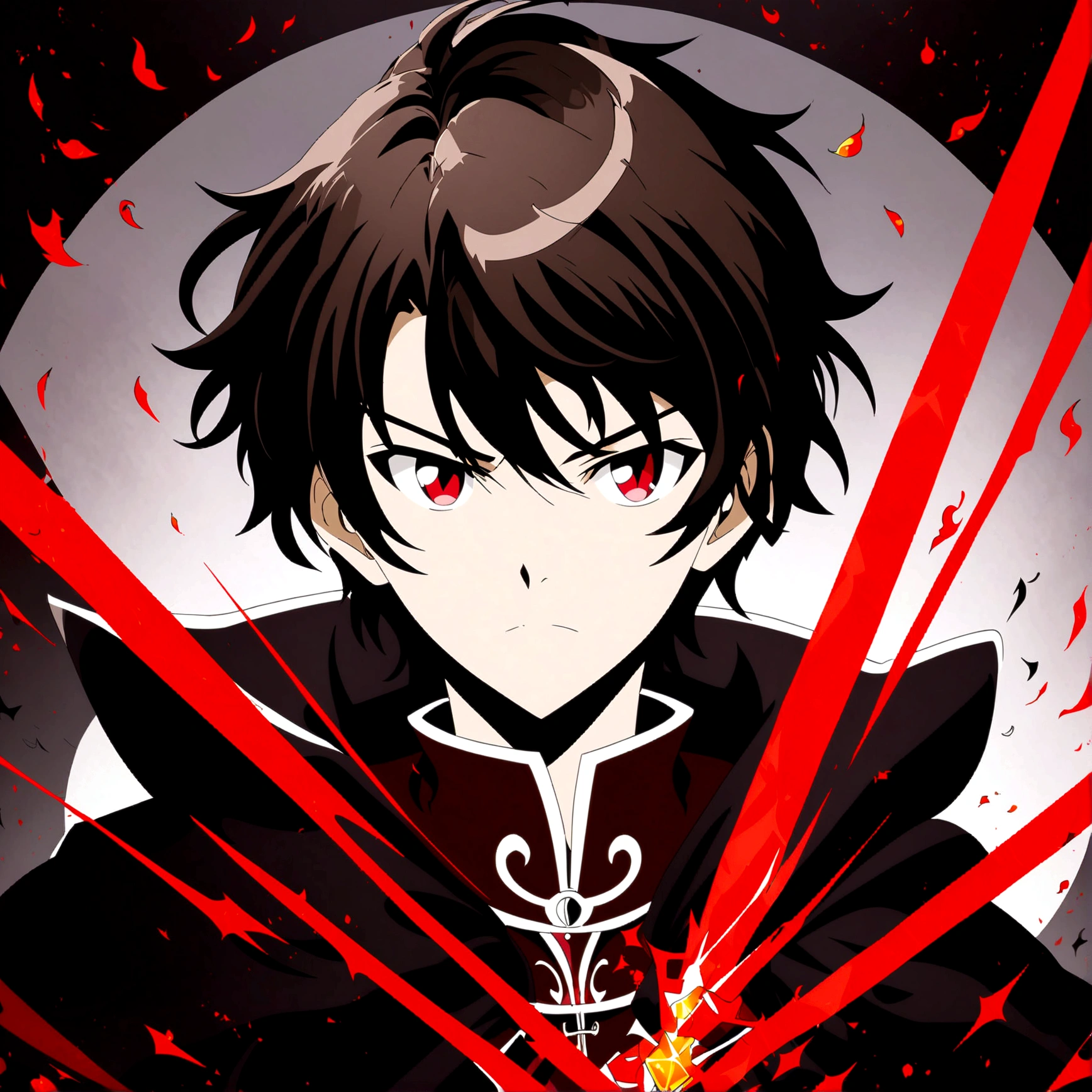 anime style diffusion, upper body, (face to the side 0.3), boy with messy brown hair bright red eyes, (open eyes 0.5), (serious face 0.1), black majestc cloak with red details, upper light, high contrast , 2D style, photoshop, cinematic
