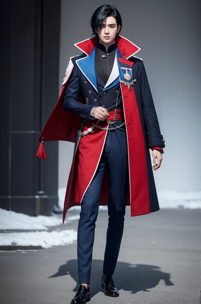 Make a male with black hair blue pants and blue coat, red and white looking forward