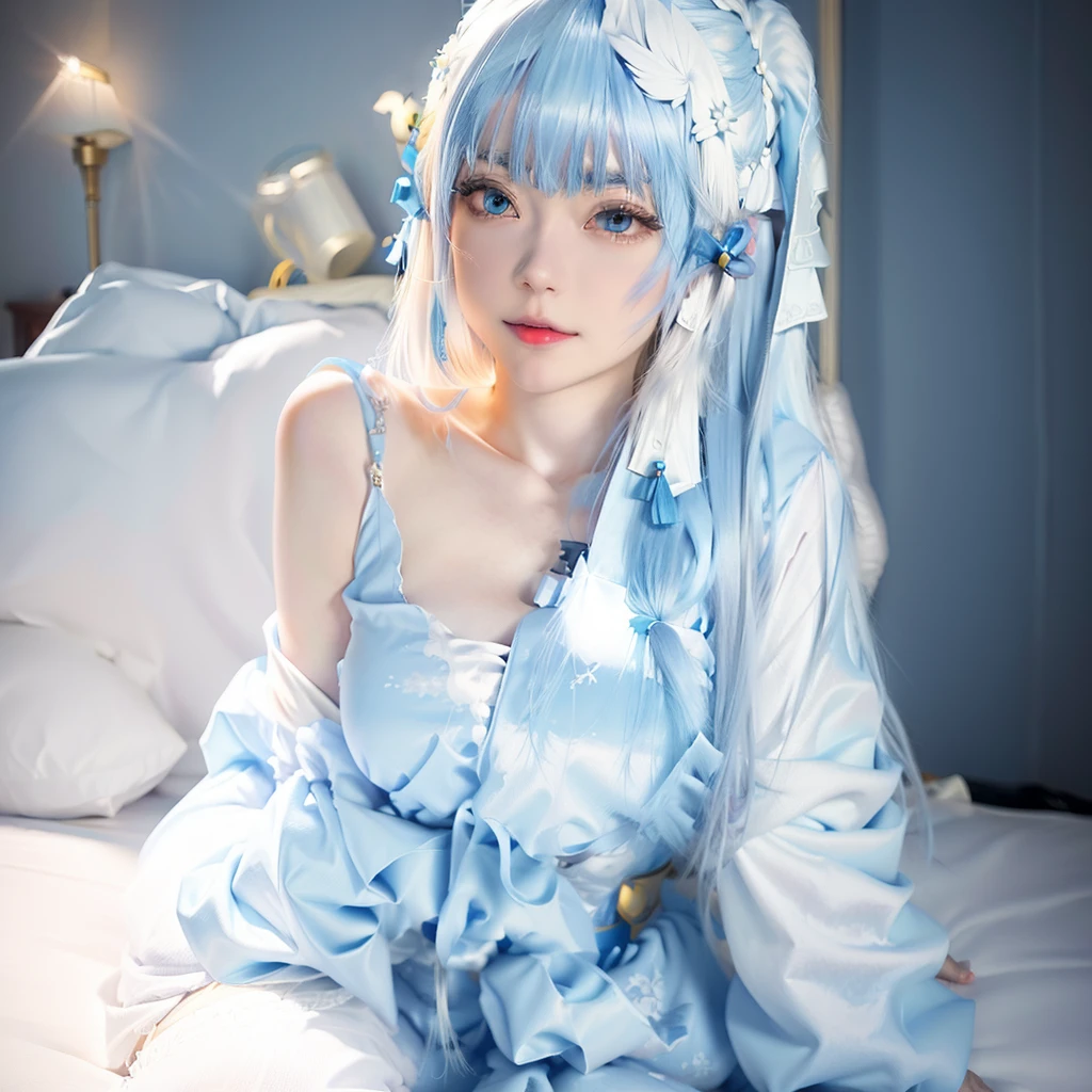 there is a woman with long blue hair sitting on a bed, anime girl cosplay, anime cosplay, pale milky white porcelain skin, with white long hair, seductive anime girl, white hime cut hairstyle, anime girl in real life, cosplay, japanese goddess, ahegao, shikamimi, realistic young gravure idol, , with long white hair, pale blue skin