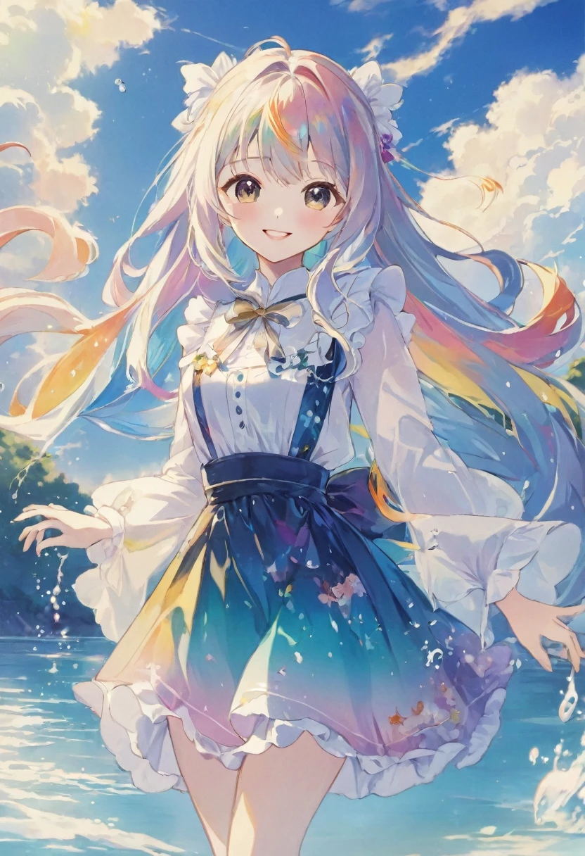 anime smiling girl with long hair and a dress standing in the water, anime style 4 k, anime art wallpaper 8 k, cute anime waifu in a nice dress, anime art wallpaper 4k, anime art wallpaper 4 k, beautiful anime art style, high quality anime artstyle, anime artstyle, beautiful anime artwork, beautiful anime art, splash art anime