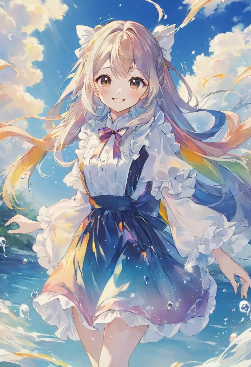 anime smiling girl with long hair and a dress standing in the water, anime style 4 k, anime art wallpaper 8 k, cute anime waifu in a nice dress, anime art wallpaper 4k, anime art wallpaper 4 k, beautiful anime art style, high quality anime artstyle, anime artstyle, beautiful anime artwork, beautiful anime art, splash art anime 