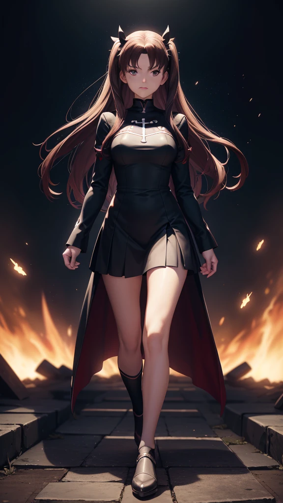 full body, Serious face, (masterpiece), best quality, expressive eyes, perfect face, anime girl, Fate/Stay Night anime, Rin Tohsaka anime, Rin Tohsaka Fate/Stay Night HDR (High Dymanic Range), Ray Tracing, Super resolution, Unreal 5, Subsoil Scatter, PBR Textures, Post Processing, Anisotropic filtering, Depth of Field, High Sharpness and Sharpness, Multilayer Textures, Surface shading, Precise simulation of light-material interactions, Perfect ratios, Octane rendering, duotone illumination, low ISO, white balance, Rule of thirds, Wide aperture, 8K RAW, high-efficiency sub-pixels, sub-pixel convolution, glow particles
