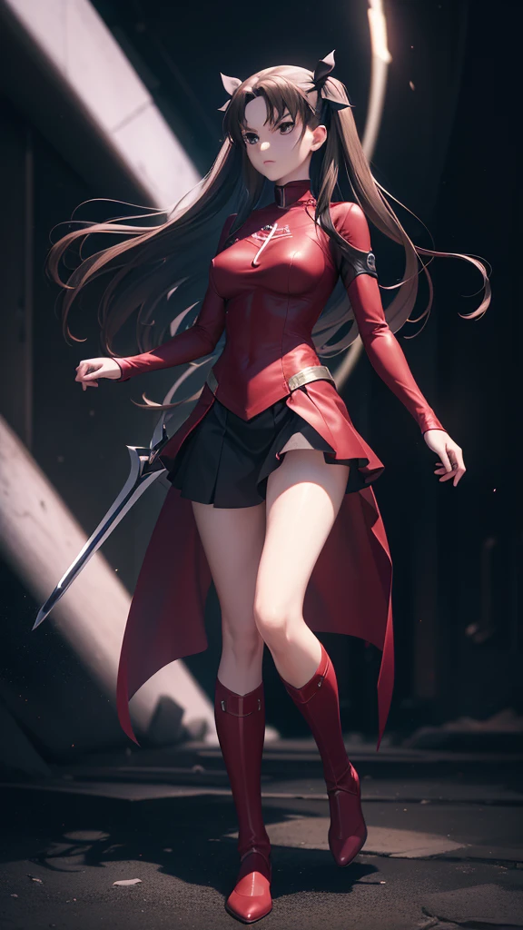 full body, Serious face, (masterpiece), best quality, expressive eyes, perfect face, anime girl, Fate/Stay Night anime, Rin Tohsaka anime, Rin Tohsaka Fate/Stay Night HDR (High Dymanic Range), Ray Tracing, Super resolution, Unreal 5, Subsoil Scatter, PBR Textures, Post Processing, Anisotropic filtering, Depth of Field, High Sharpness and Sharpness, Multilayer Textures, Surface shading, Precise simulation of light-material interactions, Perfect ratios, Octane rendering, duotone illumination, low ISO, white balance, Rule of thirds, Wide aperture, 8K RAW, high-efficiency sub-pixels, sub-pixel convolution, glow particles