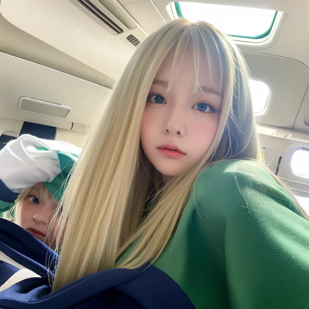 Pale blonde age girl with bangs and blue-green eyes soft silky hair, with a white sweatshirt and white pants taking a photo inside the plane,making faces and posing for the camera
