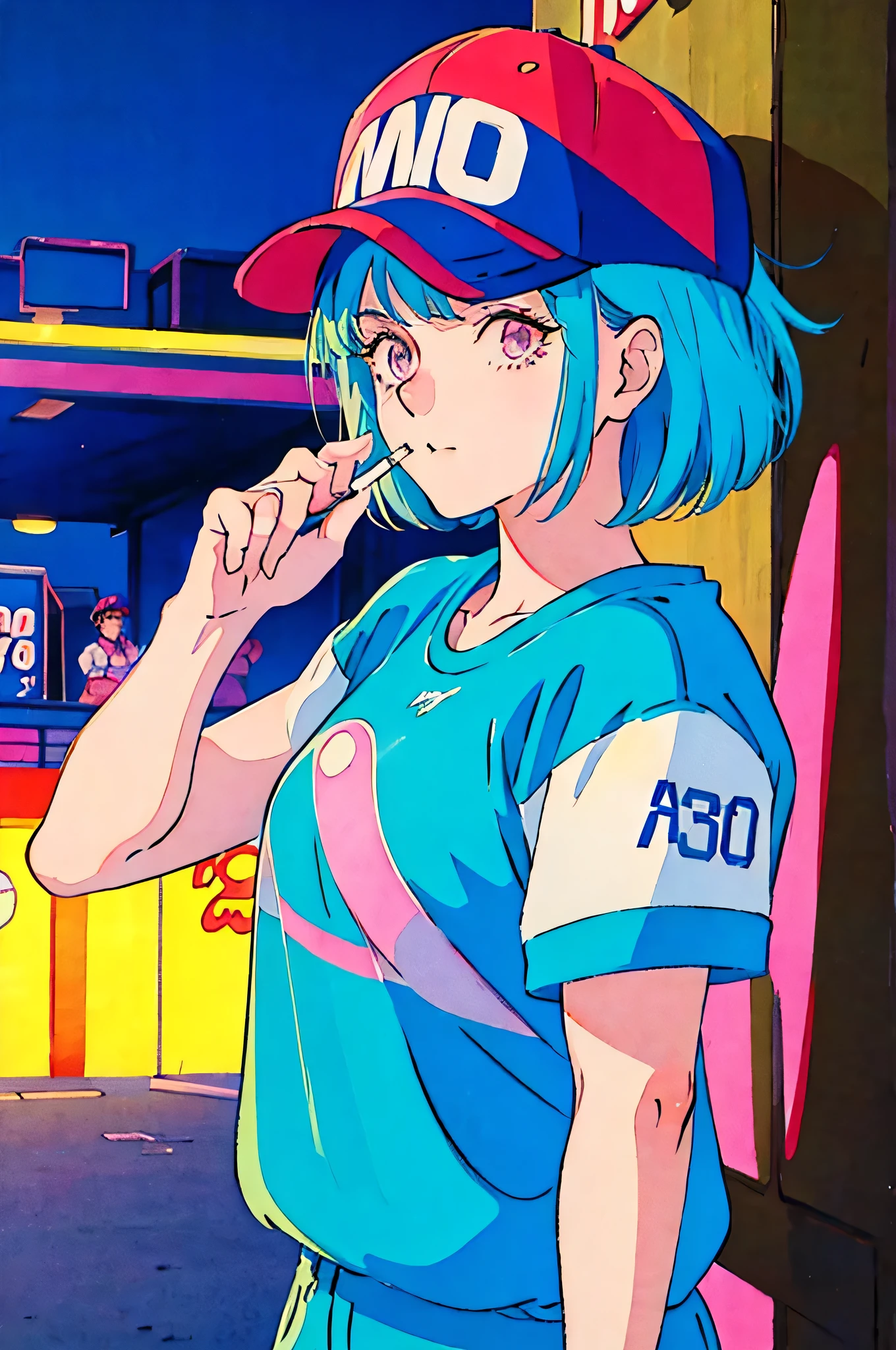 Woman in baseball cap,He is holding up a cigarette and smoking.。, Anime atmosphere of the 80s, 90s anime style, 90s anime style, 80s anime style, In 80s anime art style, 90s anime art style, Anime atmosphere, 80s anime art style, 1980's anime style,Neon Light