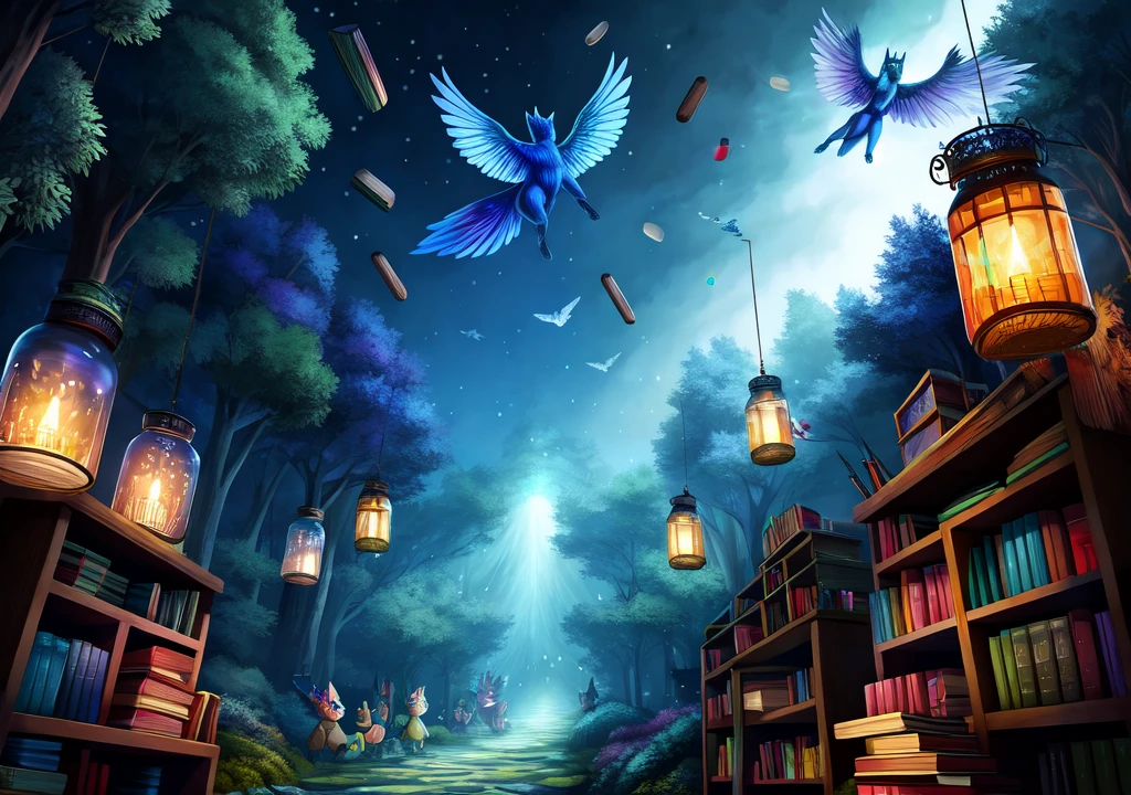 Fantasy forest in bluish tones, with many books flying, lights, floating pencils and flying ink jars