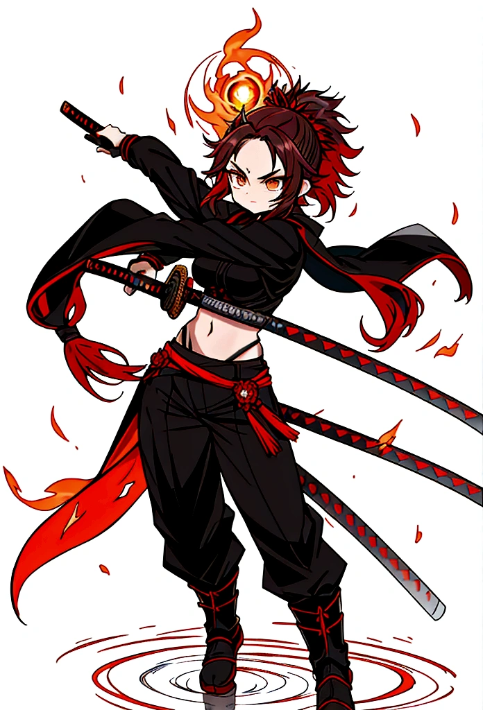 A warrior woman inspired by "Demon Slayer" wears a stylish and powerful Hashira uniform. She wears a black top that reveals her toned stomach, paired with fitted black pants. Black kimono has tips adorned with a gradient of flames, from yellow to orange. She has medium hair, loose and curled, emoldurando seu rosto. His dark brown eyes exude determination and wisdom.. She holds a katana tightly, and around you, there is an aura of dancing flames, reflecting its intense presence. The scenery is dramatic, with a full moon in the sky.
