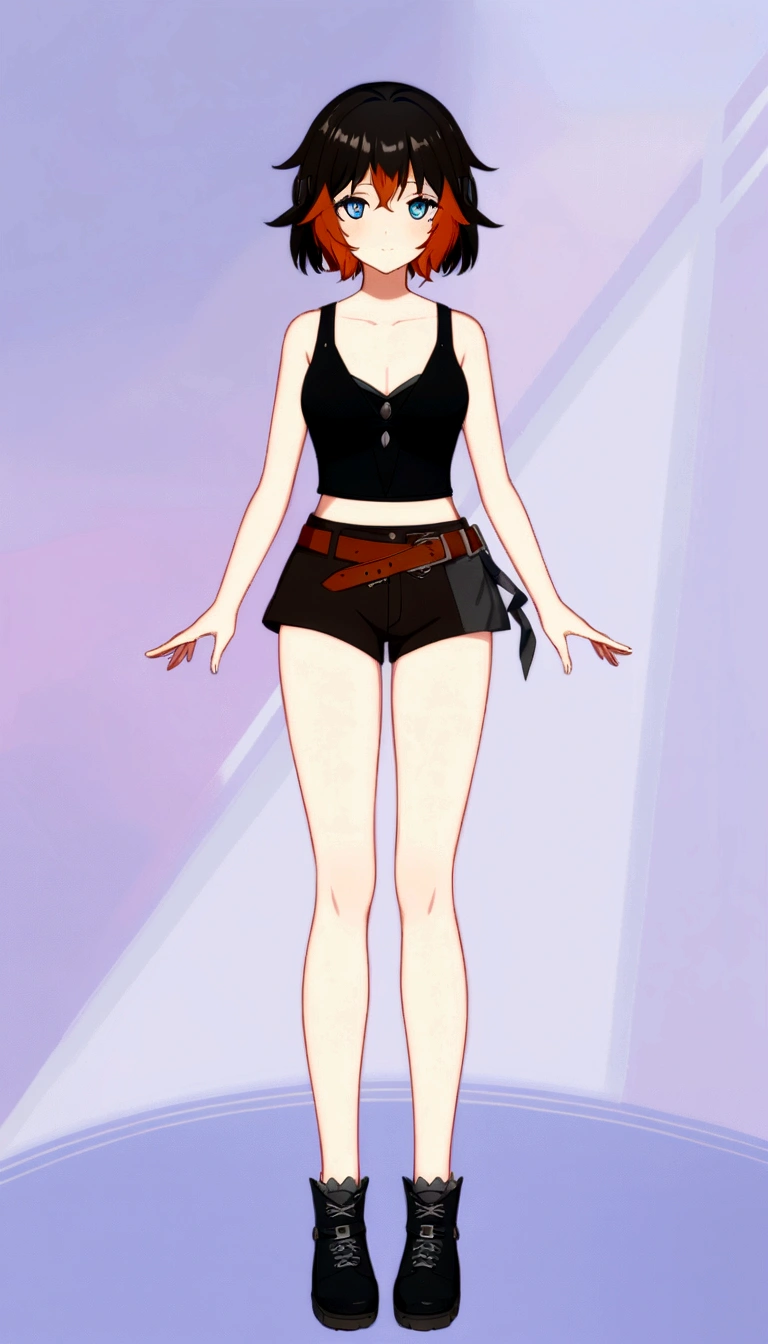 anime girl in black top and shorts standing on a blue surface, my dress up darling anime, clear outfit design, anime vtuber full body model, single character full body, astral witch clothes, female outfit, full body single character, fantasy outfit, outfit design, full character body, full body! pretty face, style anime, highly detailed full body, girls frontline style