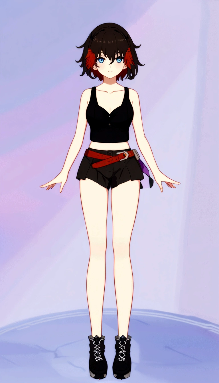anime girl in black top and shorts standing on a blue surface, my dress up darling anime, clear outfit design, anime vtuber full body model, single character full body, astral witch clothes, female outfit, full body single character, fantasy outfit, outfit design, full character body, full body! pretty face, style anime, highly detailed full body, girls frontline style